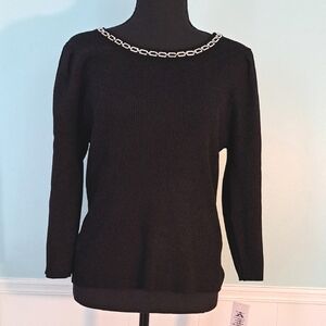 NANETTE LEPORE Black Stretch Pullover Blouse, Crystal Chain Neckline, Size L